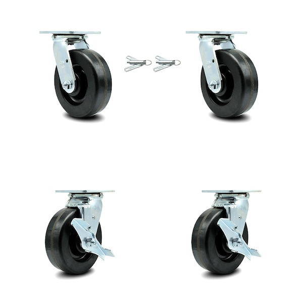 6 Inch Phenolic Caster Set with Roller Bearings 2 Swivel Lock 2 Brake SCC